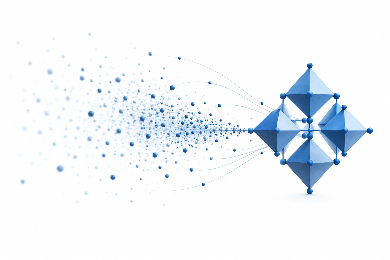 Conceptual illustration of a cloud of blue points forming an ordered crystalline structure.