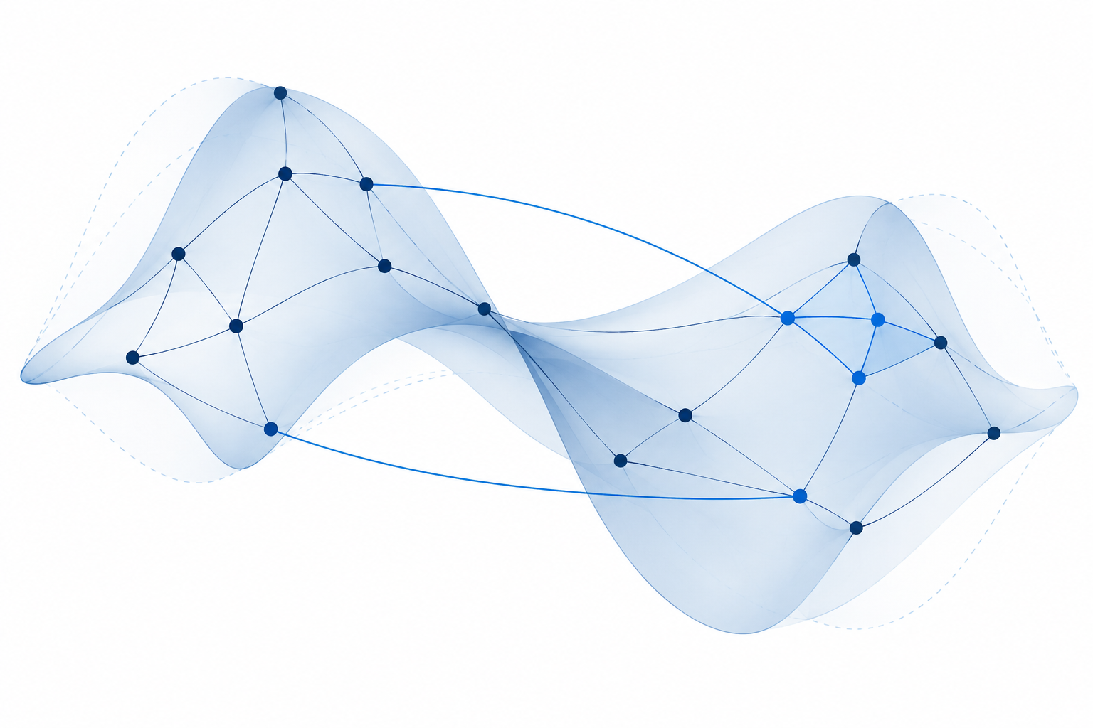 Conceptual illustration of a blue geometric surface with graph nodes and connections, including long-range links.