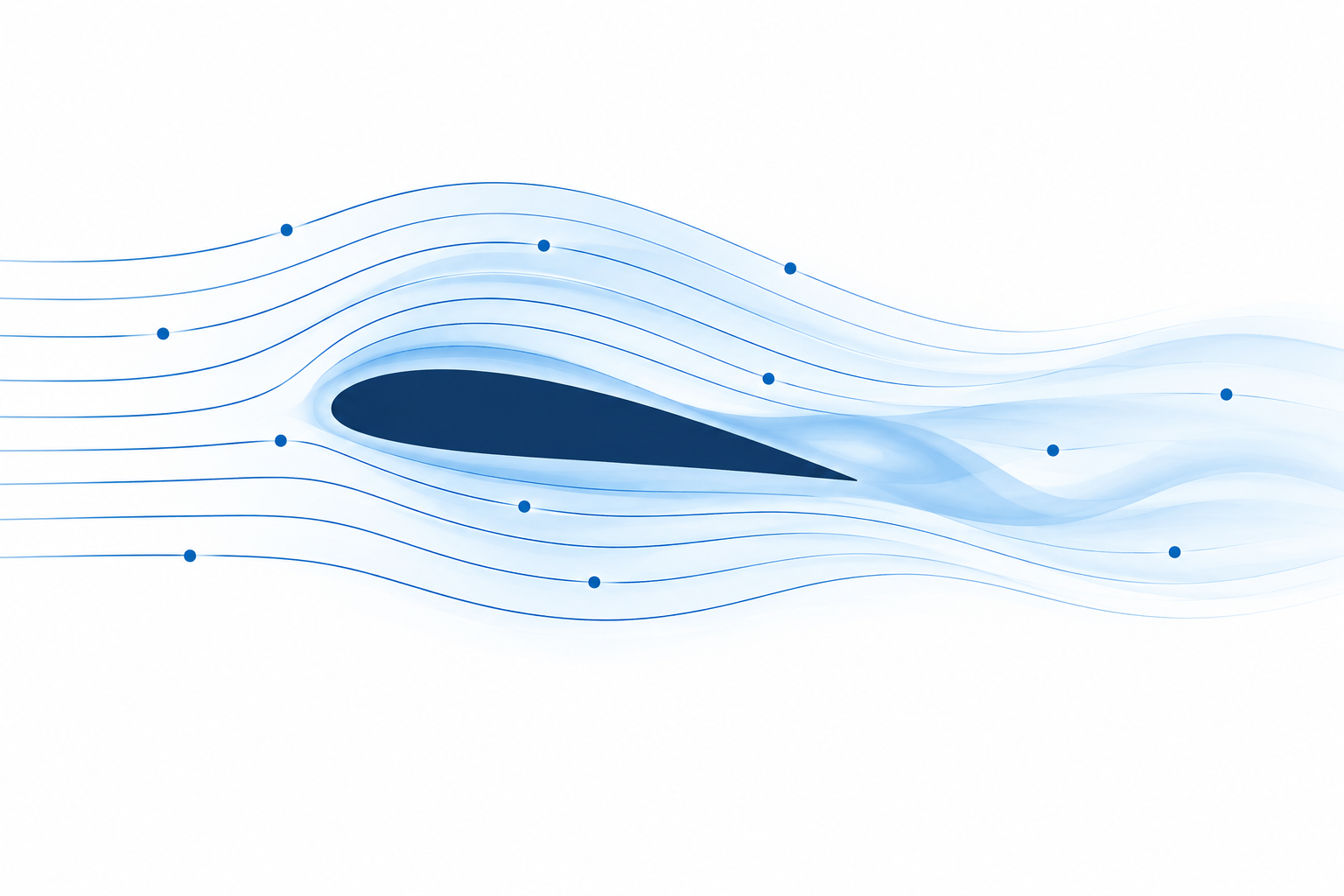Conceptual illustration of blue fluid streamlines around an airfoil, with sparse sampling points.